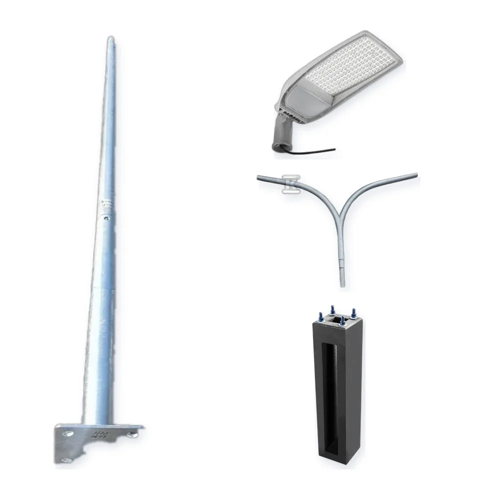 Sada uličního osvětlení 10 m: sloup Elmonter CN10, základ D22/150, výložník W16/1/2/1, svítidlo Corona 2 Basic 65 W ×2