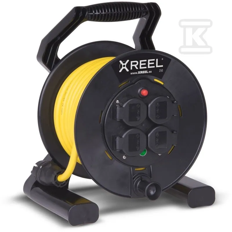 Jednofázový navíjecí prodlužovací kabel na bubnu z plastu typu "XREEL" - vstup 20 m H05RR-F 3x1,5 (OW) gumová zástrčka 16A výstup 4xGS tepelná pojistka IP44